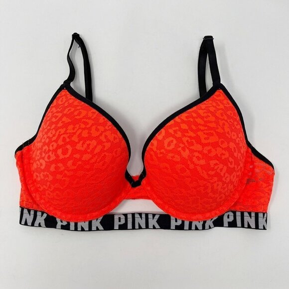Victorias Secret PINK Push Up Bra Size 32D Neon Orange Leopard Logo - Picture 2 of 9